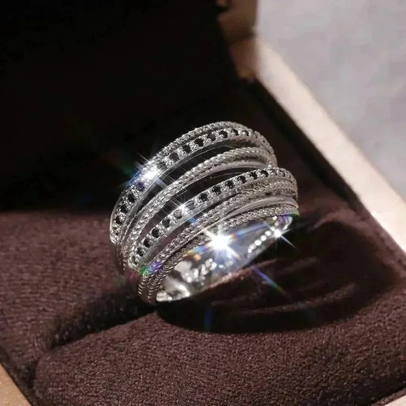 ▶Multi Layer Stacking Black Zircon Sterling Silver Plated Ring for Women, L037 - Picture 6 of 6